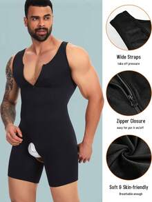 Men Full Body Shaper Compression Bodysuit Tummy Control Chest Control Slimming Underwear Zipper Men Shapewear - Black - View 2
