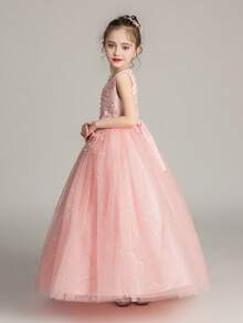 Tween Girls Embroidery Applique Bridesmaid Wedding Party Flower Girl Dress, Elegant Tulle Birthday Party Children Clothing Graduation Ceremony Hosting Performance - 粉色 - 查看 8