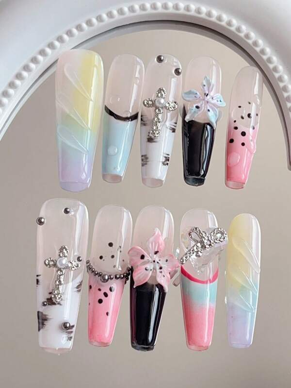 10 piezas Uñas francesas con flores de pellizco hechas a mano estilo Y2k, uñas degradadas azul, amarillo y rosa hechas a mano con flores talladas, cruces de perlas y decoración de piedras preciosas en forma de corazón 3D, uñas con flores 3D/uñas de sueño/uñas con flores 3D/uñas para vacaciones en la playa