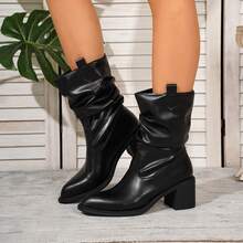 Women's New Solid Color Elastic Boots, Ladies Knee-High Boots With 7cm Chunky Heel, Round Toe, Suede Material, Pull-On Style, Fashion Versatile Casual Shoes, Plus Size 43 - Black - View 2