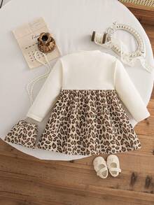 2pcs/Set Toddler Girls Leopard Print 2 In 1 Long Sleeve Dress And Bag, Cute Daily Outfit For Spring/Autumn - Khaki - View 2