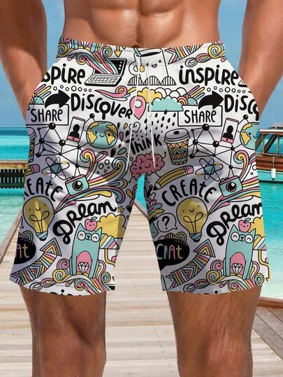 加大码男士夏威夷风格 3D 印花休闲沙滩短裤 - 速干，抽绳腰带，非常适合夏季外出
