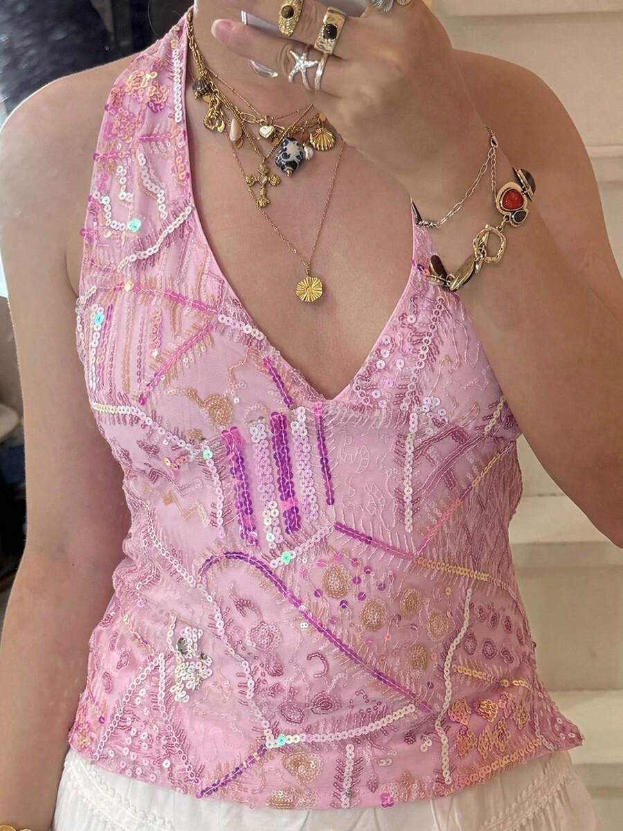 Women's Summer Shiny Chain Rhinestone Vest Sexy Hollow Out Hanging Neck Wrap Chest Crop Top Daily Streetwear - Coral Pink - View 1