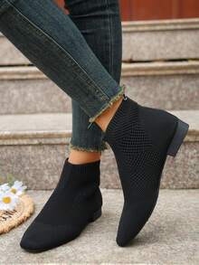 秋冬/春秋女式踝靴，时尚方头靴，舒适透气弹力袜靴，女式靴子 - 黑色 - 查看 3