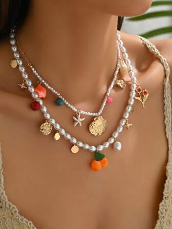 2pcs Bohemian Style Modern Cute Multicolor Fruit, Star, Shell, Cherry, Rose, Starfish & Faux Pearl Pendant Necklace, Suitable For Women's Daily, Beach, Party, Holidays, Valentine's Day Gift