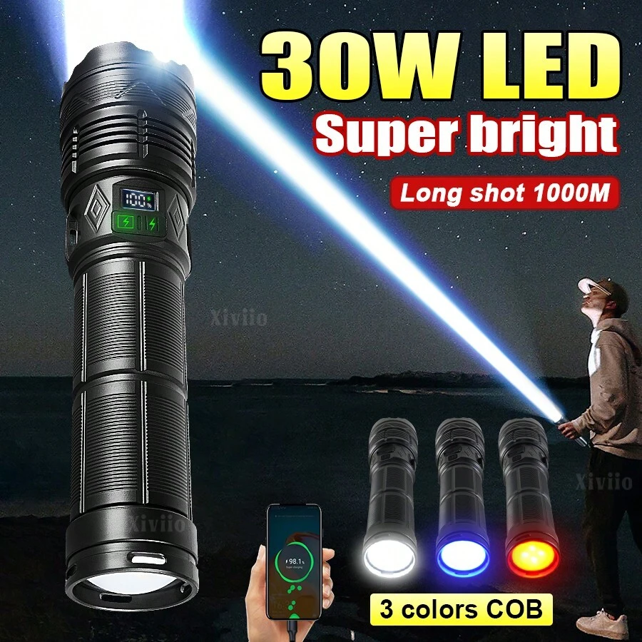2025新款大功率LED手电筒超亮多功能耐用LED聚光灯强光采用3*18650内置电池超长续航便携式应急灯大功率超远射程显示工作灯户外露营战术手电筒