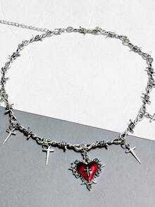 Goth Subculture -Inspired Heart Sword & Thorn Pendant Necklace, Retro Harajuku Hip-Hop Street Style