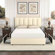 VECELO Double Bed Frame With 4 Storage Drawers, Upholstered Platform With Adjustable Velvet Headboard, Solid Wood Slat Support, No Box Spring Needed, Easy Assembly, Beige - Beis - Ver 1