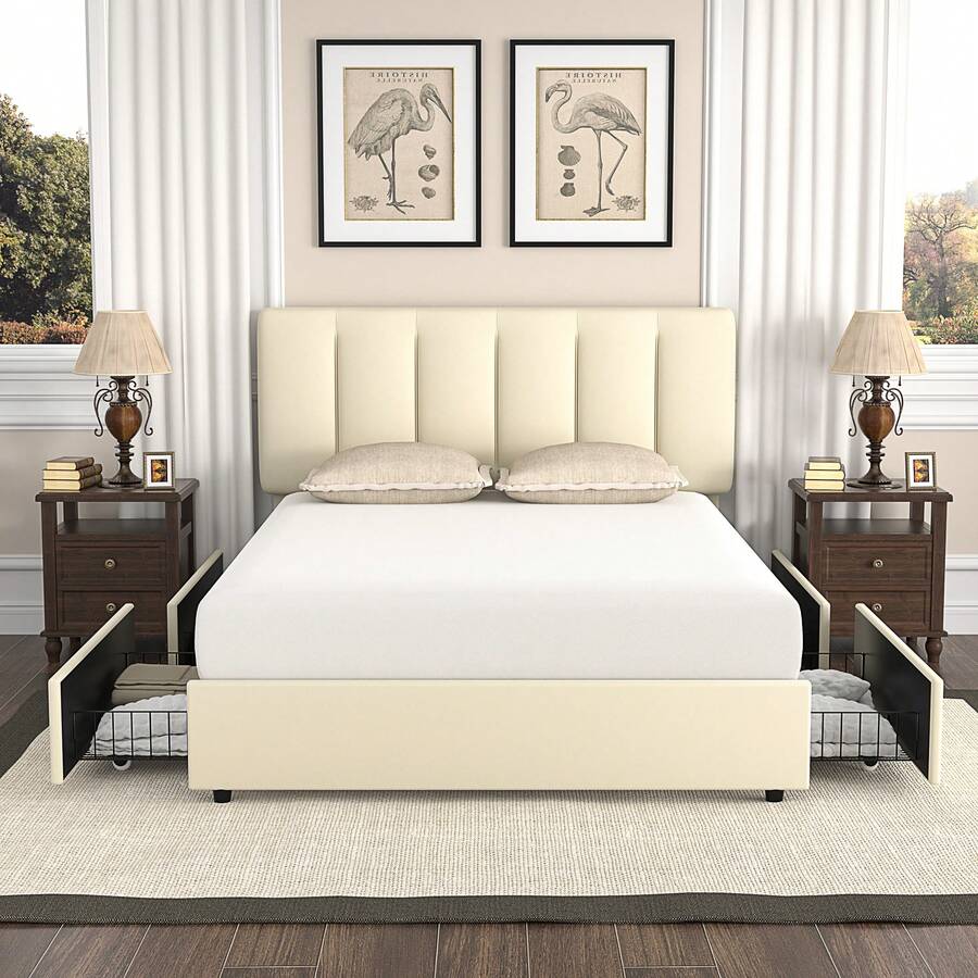 VECELO Double Bed Frame With 4 Storage Drawers, Upholstered Platform With Adjustable Velvet Headboard, Solid Wood Slat Support, No Box Spring Needed, Easy Assembly, Beige - Beis - Ver 1