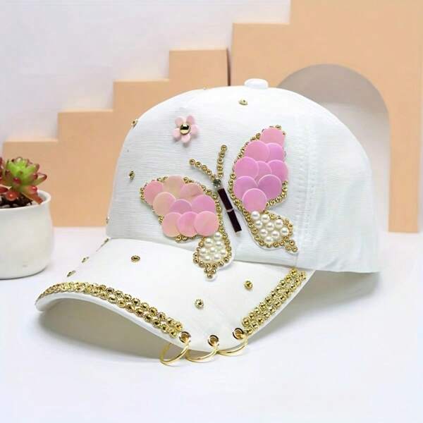 1pc Women's Butterfly Party Polyester Rhinestone & Pearl Embroidery Baseball Cap