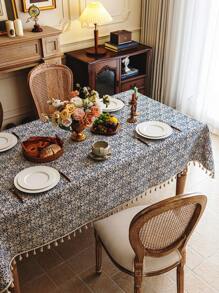 1 szt. Vintage Elegancki Niebieski I Biały Porcelanowy Drukowany Obrus Z Frędzlami, Prostokątny Wzór Kwiatowy Na Stolik Kawowy, Pokrowiec Na Szafkę Nocną, Wystrój Domu, Nadaje Się Do Jadalni, Imprezy, Święta Dziękczynienia, Uroczystości, Na Zewnątrz, Ogród, Kemping Jesienią