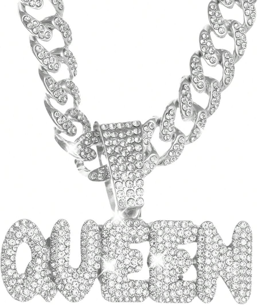 Men's Shiny Cuban Chain Necklace, Miami Style Silver Plated Gold Plated Shiny Necklace, Hop Necklace - Queen - Silver - View 1