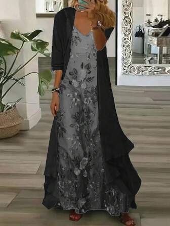 Spring/Summer Plus Size Women's Elegant Floral Print Sleeveless V-Neck Dress With 3/4 Sleeve Sheer Cardigan Two Pieces Set, Perfect For Romantic Wedding Season, New Year Outfit, Suitable For Casual Outings, Coffee Dates