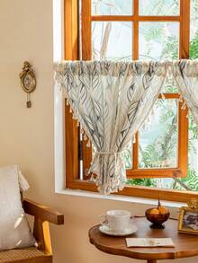 1 件奢华欧式简约薄纱短窗帘，三色几何线条和叶子图案田园设计，适用于厨房、餐厅、客厅、卧室、办公室和洗衣房装饰