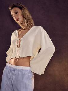 Glamine 女士纯色简约休闲前系带长袖衬衫，秋装女式衬衫 - 卡其色 - 查看 4