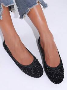 Ballet Dance Flats, Round Toe Black Bow, Crystal Decor, Soft & Comfortable Flat Bottom, Lightweight, Slip-On, Suitable For Work, Travel, Vacation, Party, Casual, Elegant, Adorable Lady Loafers - Black - View 7