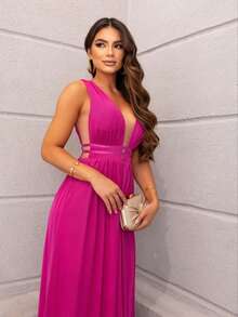 Tulle Party Dress / Neckline / Side Opening / Long For Graduation, Bridesmaid And Guests - Màu Hoa hồng đỏ - Xem 3