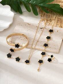 Set de 5 piezas de joyería con forma de trébol que incluye pulsera, collar, aretes, tobillera y anillo para mujeres