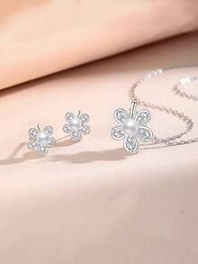 S925 纯银珍珠首饰套装，简约精致的花朵珍珠项链和耳环耳钉，优雅高端女士配饰，适合派对/活动佩戴，节日礼物 - 彩色 - 查看 5