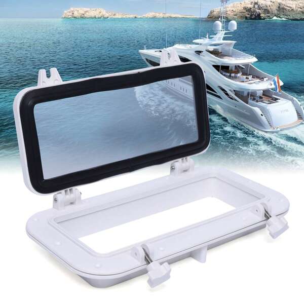 Ojo de buey para barco de 320 x 128 mm,  de seguridad de 4 mm y marco de ABS, apertura de 90° para barcos y autocaravanas.