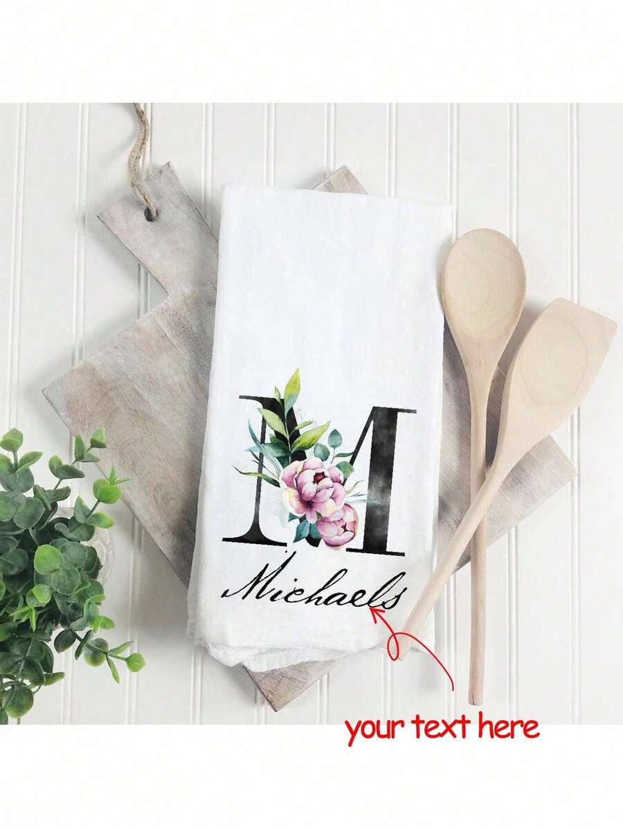 1pc Personalized Monogram Initial Flour Sack Tea Towel, Wedding Gift, Anniversary, Bridal Shower, Watercolor Floral, Peonies - one-size - View 1