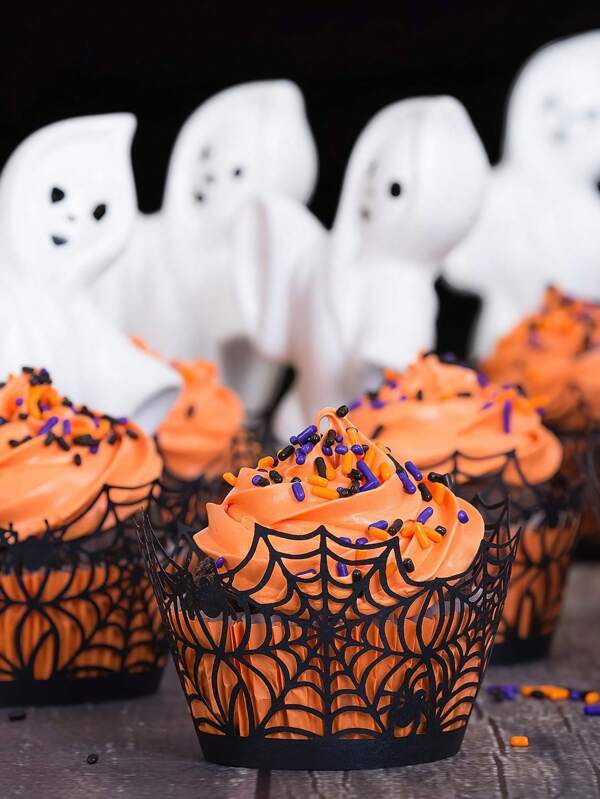 10/36 piezas de soportes de papel recortado con telarañas y diseños de Halloween para decorar cupcakes, envoltorios y decoraciones de tartas para fiestas de cumpleaños y bodas, negra telaraña calada decoración de tarta
