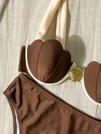 Bikinx Traje de baño de mujer elegante de verano con copas de conchas, uniones de contraste y borde fino de anillo de acero