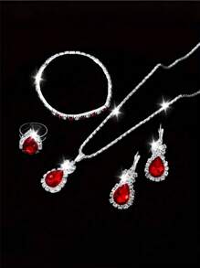 Set de joyería de 5 piezas de estilo de lujo, que incluye collar, pulsera, anillo y aretes, con múltiples colores disponibles, accesorios de moda para mujer