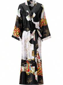 Women's Floral Long Satin Robes Plus Size Long Silk Robes Peacock Floral Kimonos Sleepwear Dressing Gown - 綠色 - 查看 9