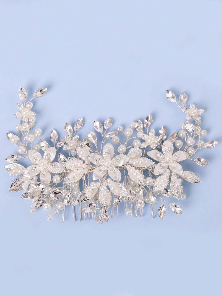 1 pieptene elegant de păr cu flori de perle, lucrat manual, accesoriu de păr cu cristal roșu vibrant pentru mireasă, nuntă, petrecere, ziua de naștere, accesorii de Ziua Îndrăgostiților pentru prințesă