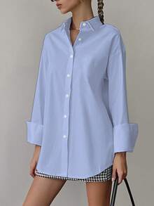 Áo sơ mi nữ tay dài cổ bẻ dáng rộng thoải mái, đa năng và thời trang cho mùa xuân. - Màu xanh lam - Xem 3