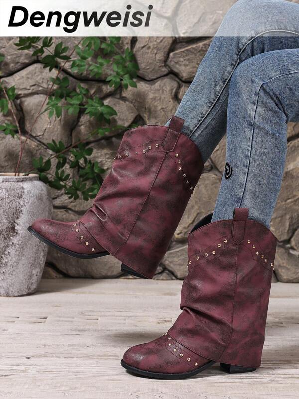 Wine Red Ankle Boots With Rivets, Random Asymmetrical Chunky Heel, Round Toe, Versatile, Elegant & Comfortable, Suitable For Work, Daily Wear And Vacation, Mid-Calf Length