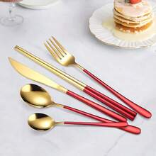 6 Pieces 18/8 Stainless Steel Flatware Set Portable Reusable Cutlery Set Travel Utensils Set Including Chopsticks Knife Fork Spoon Straws Cleaning Brush Dishwasher Safe (Red Golden)
