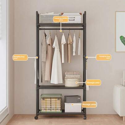 Multifunctional Clothing Rack, Dorm Room & Bedroom Standing Coat Rack, Movable Garment Storage Organizer, Easy Assembly, Thick Metal Material, Simple Design