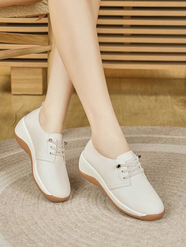 Women's Wedge Platform Soft Bottom Shoes, Handmade Stitching, Mother's Shoes, Flat Solid Color Lace-Up Sneakers, Suitable For Spring And Autumn