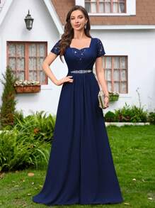 MIUSOL Sequin Floral Lace Contrast Chiffon Sweetheart Neck Hot Drill Belt Pleated Hem Evening Party Long Dress, Bridesmaid Dress, Prom Dress, Wedding Guest Dress