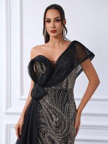 DELLA COUTURE Elegant Luxury Black Evening Gown One-Shoulder Opulent Beaded Mesh Sequin Mermaid Formal Party Dress Vintage Sophisticated Party Romantic Sexy Heavy-Work Organza Sequin Patchwork Formal Dinner Gown Long Evening Gown - Black - View 8
