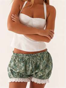 Womens Lace Trim Shorts Casual Elastic Waist Plaid Print Bloomers Lolita Cosplay Costume