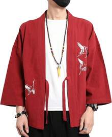 Men's Japanese Kimono Cardigan Loose Cotton Linen 3/4 Sleeve Open Front Casual Summer Shirt Jackets - 06- Red - View 1