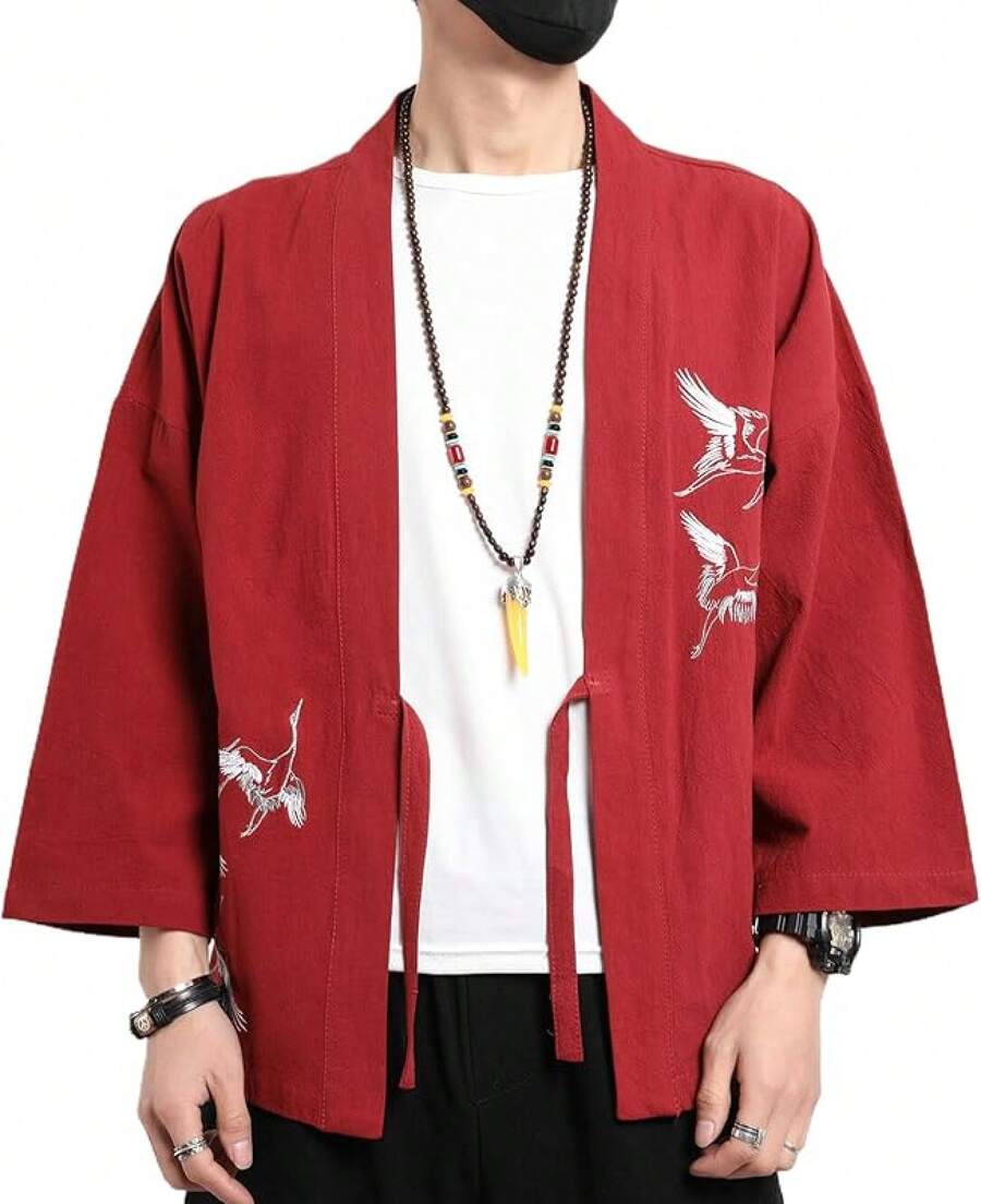 Men's Japanese Kimono Cardigan Loose Cotton Linen 3/4 Sleeve Open Front Casual Summer Shirt Jackets - 06- Red - View 1