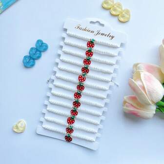 12pcs Pack Cute Fruit Strawberry ABS Faux Pearl Bracelet Charm Lucky Bracelet Family Sharing Pack Gift For Girls
