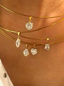 1pc Fashion Stainless Steel Heart, Square, Oval, Rhombus 4A Cubic Zirconia Necklace, Personalized Casual Daily Gift For Women
