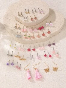 Set de 30 piezas de aretes con diseños de fresa, cereza, lazo, y corazón de la serie de vacaciones del océano, accesorios versátiles de uso diario como regalo para mujeres - Multicolor - Ver 11