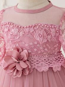 Lace Long Sleeve Faux Pearl Mesh Elegant Piano Recital Dress For Young Girls, Suitable For School Performance, Birthday Party, Excludes Headpiece - Bụi hồng - Xem 6