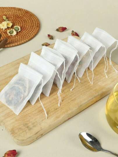 100 个茶包空纸质茶过滤袋，可重复使用的抽绳袋，小袋子，空茶包抽绳密封茶叶浸泡袋，用于散叶青色，茶过滤散茶浸泡器用于茶香料