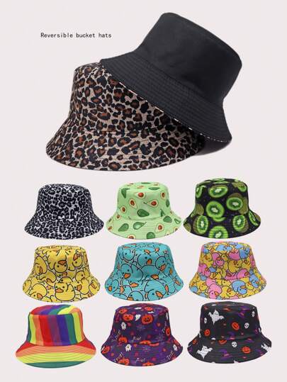 Chapéu de balde reversível de poliéster com estampa de leopardo, decoração quente, proteção UV, frutas de outono, chapéu de balde listrado de Halloween, adequado para homens e mulheres, decoração de Halloween