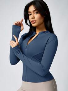 NcmRyu 1pc Solid Color Thumb Hole Long Sleeved Sports Zipper Jacket Yoga Comfortable Activewear For Fitness Gym Running And Outdoor Activities Summer Conjunto Deportivo Mujer - Cá voi xanh - Xem 6