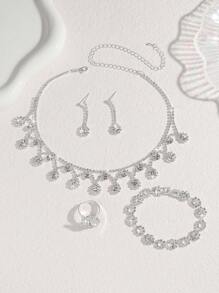 5pcs/Set Luxury Pearl Jewelry Set Including Necklace, Earrings, Bracelet And Ring, Geometric Crystal Pendant Necklace Suit For Women Daily Commute, Campus Dating, Wedding Party, Valentine's Day, Holiday Gift