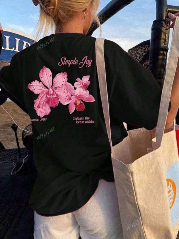 Women's Summer Colorful Letter Flower Print Pattern Round Neck T-Shirt Is Fashionable And Versatile.Graphic Tees Women White Top Pink Top Vacation Outfits Women