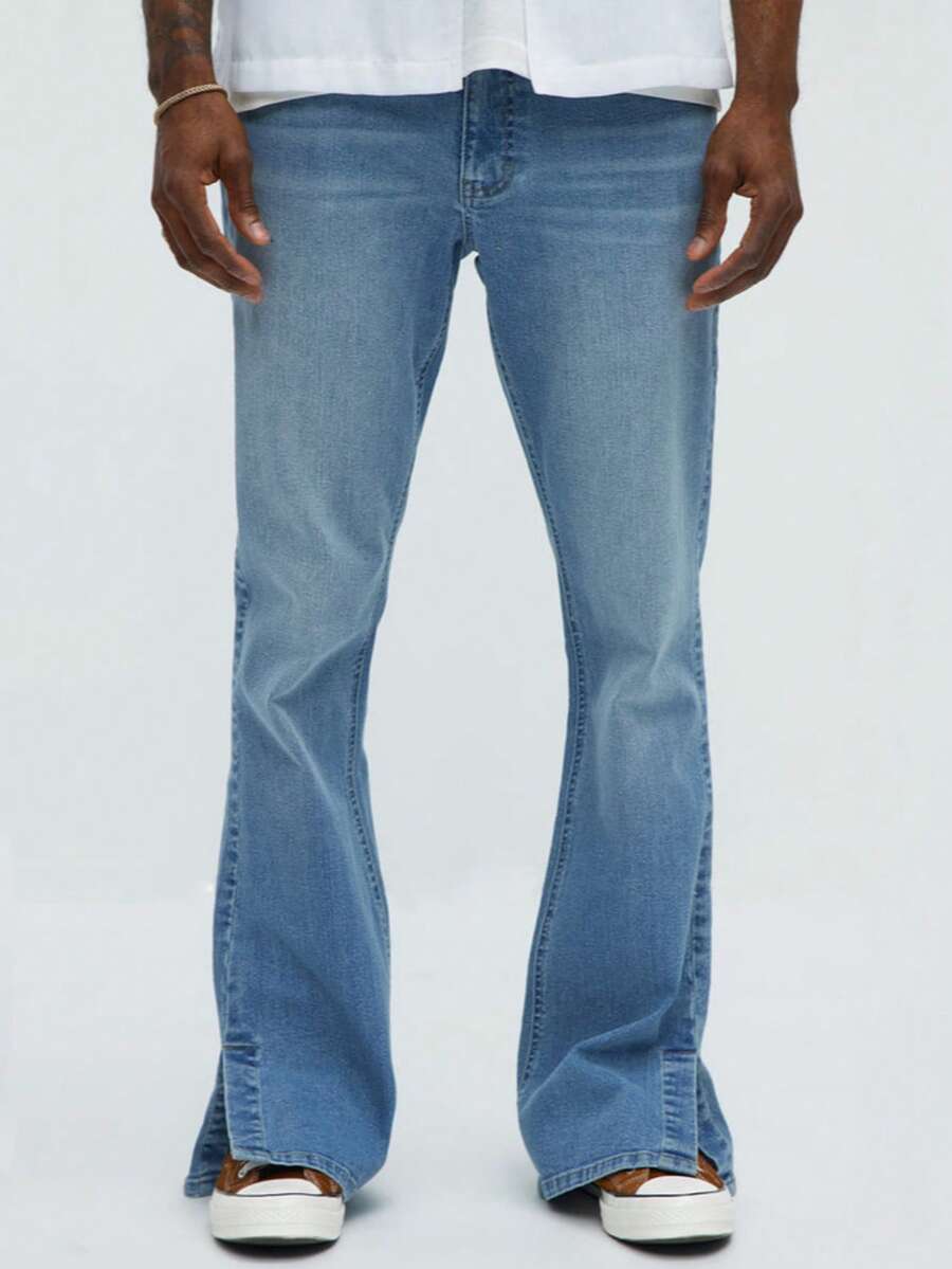 Men's Blue Flared Hem Bell Bottom Jeans - Baby Blue - View 1